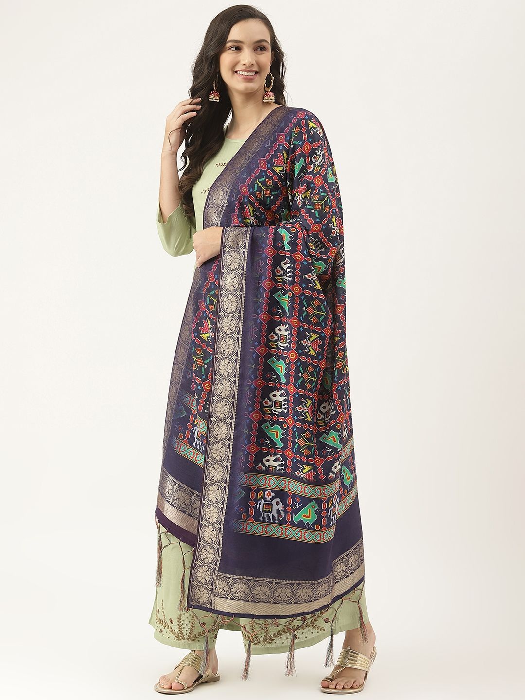 VAABA Navy Blue Ethnic Motifs Printed Bandhani Dupatta with Zari Details