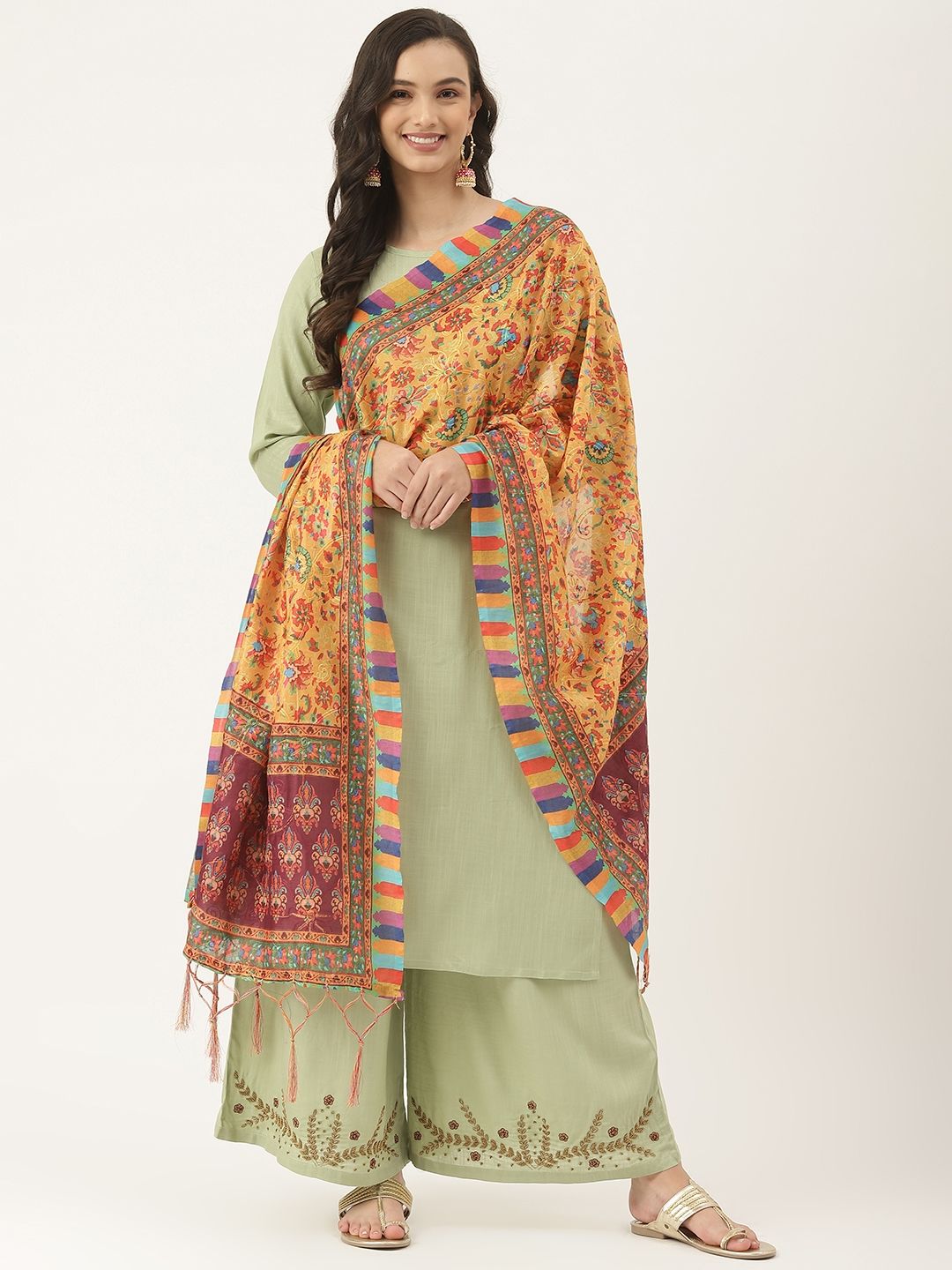 VAABA Yellow & Burgundy Ethnic Motifs Embroidered Dupatta