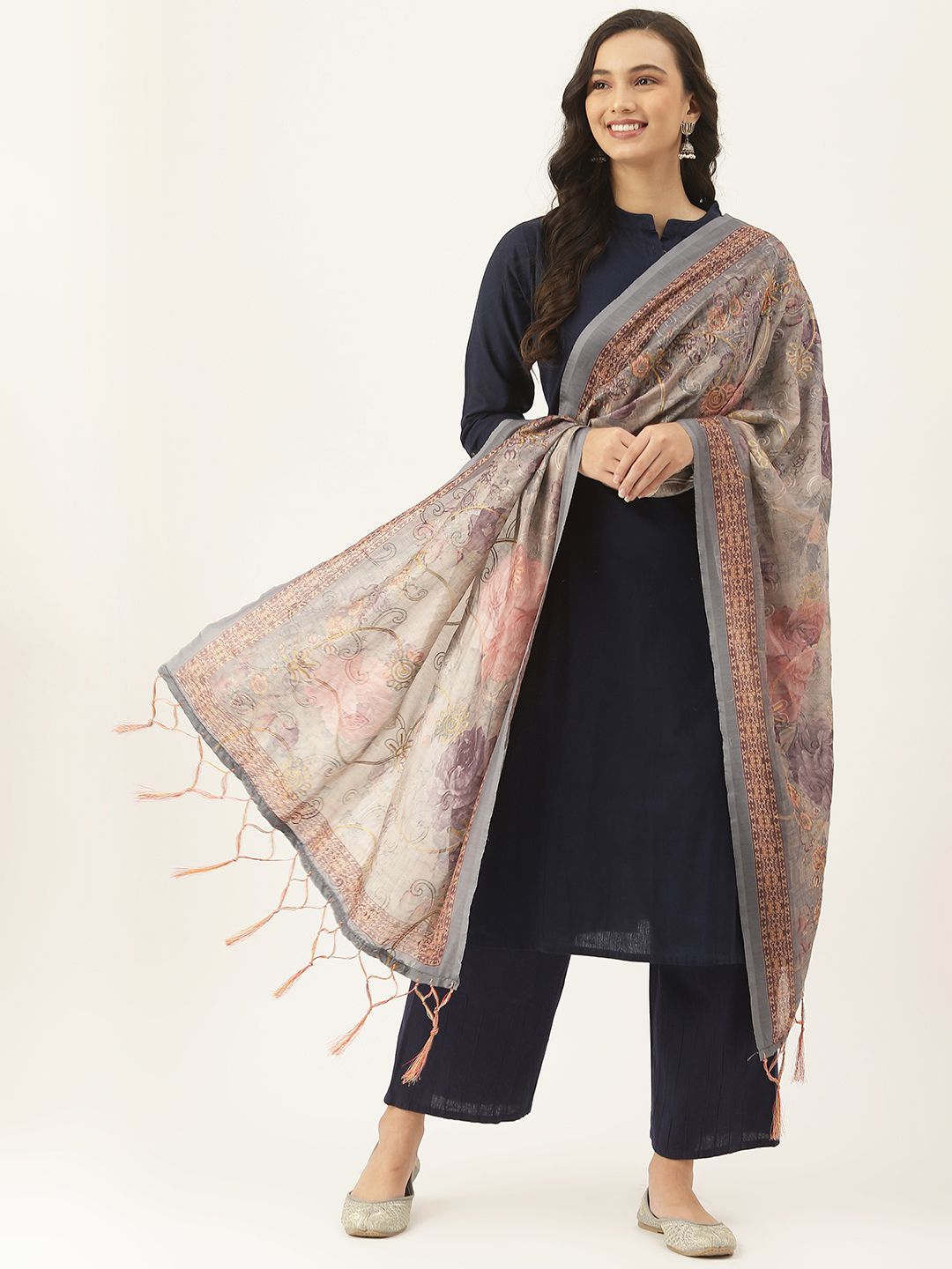 VAABA Grey & Multicoloured Printed Dupatta Price in India