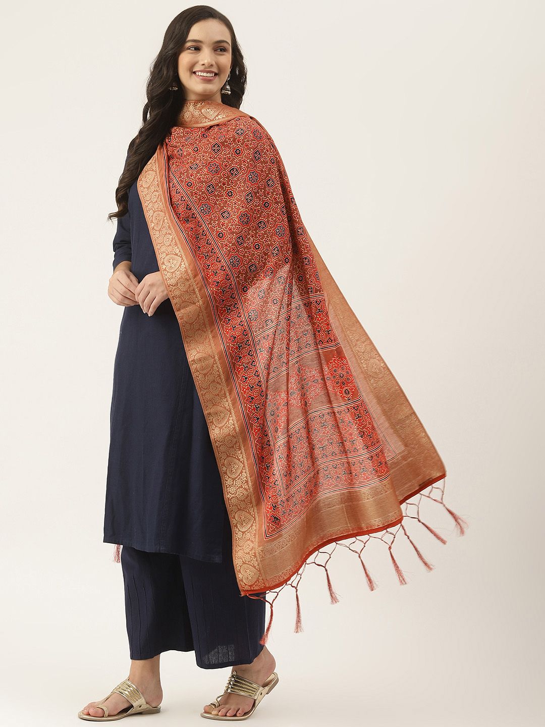 VAABA Rust Ethnic Motifs Printed Bandhani Dupatta with Zari Details Price in India