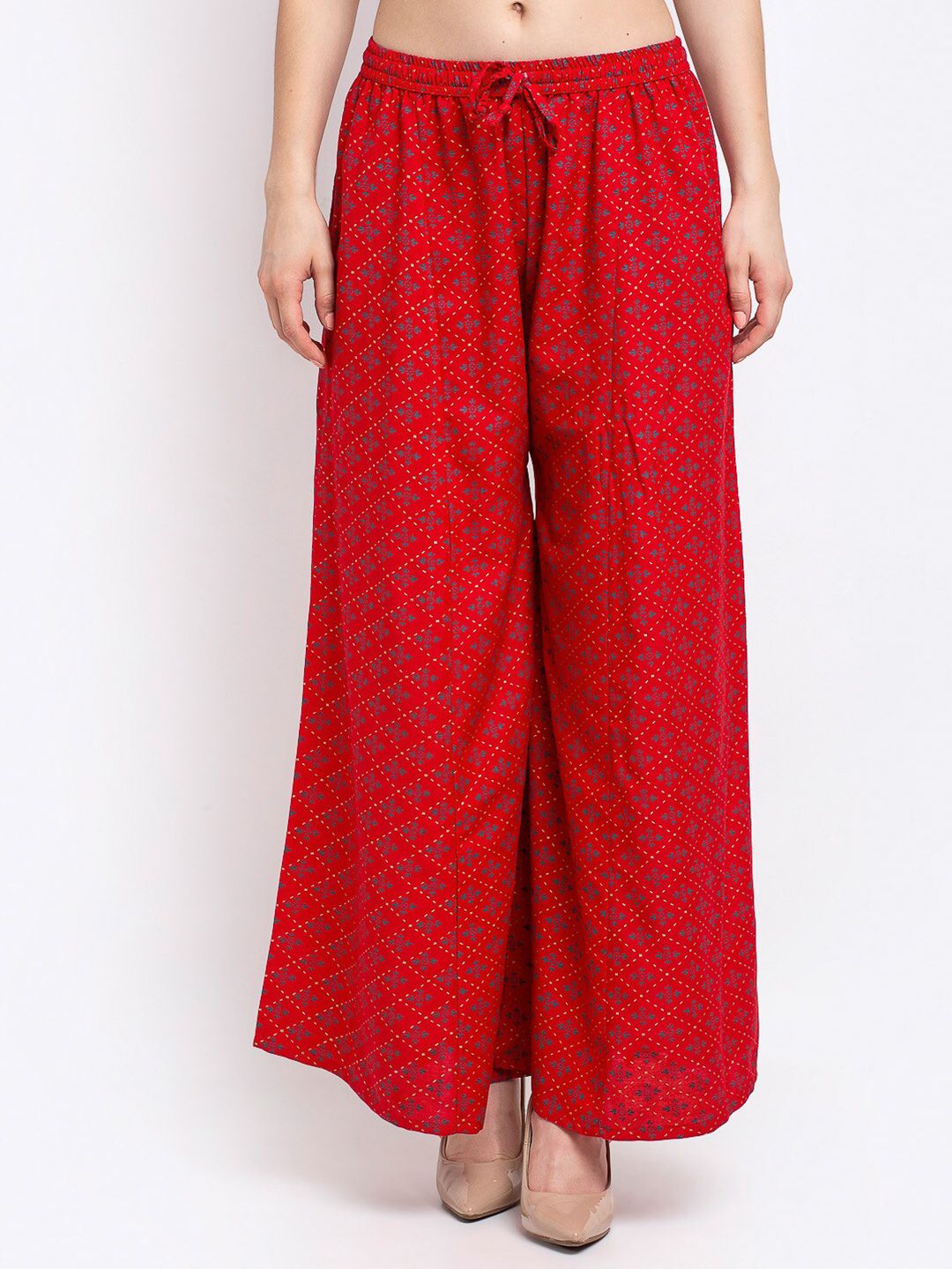 Jinfo Women Red Printed Flared Knitted Ethnic Palazzos Price in India