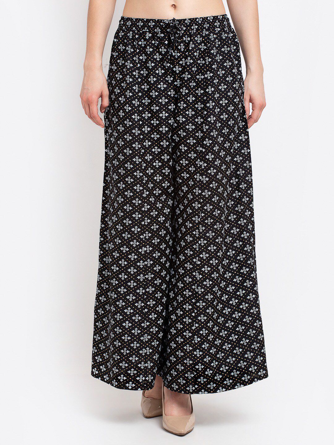 Jinfo Women Black & White Printed Flared Knitted Palazzos Price in India