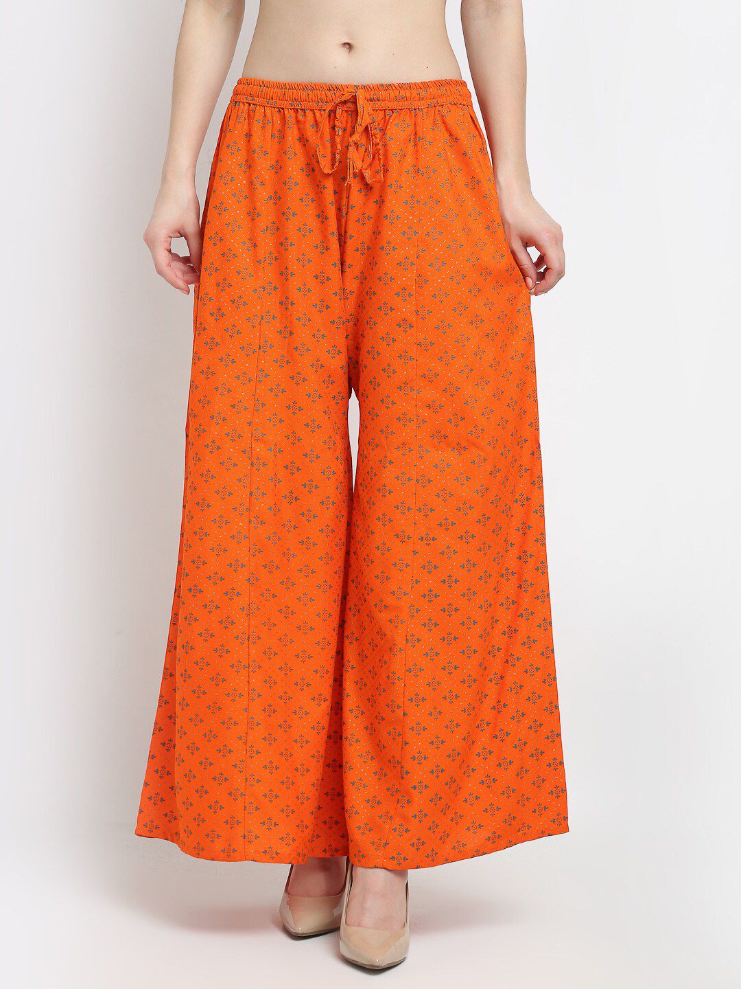 Jinfo Women Orange & Grey Floral Printed Flared Knitted Palazzos Price in India