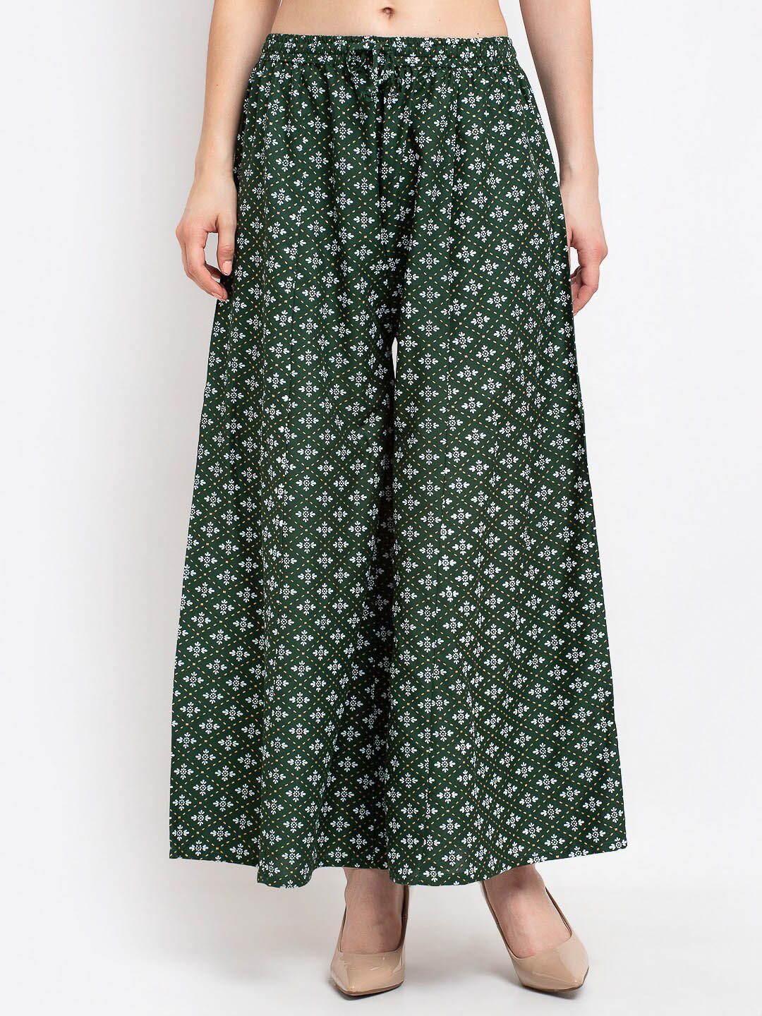 Jinfo Women Green & White Ethnic Motifs Printed Flared Ethnic Palazzos Price in India