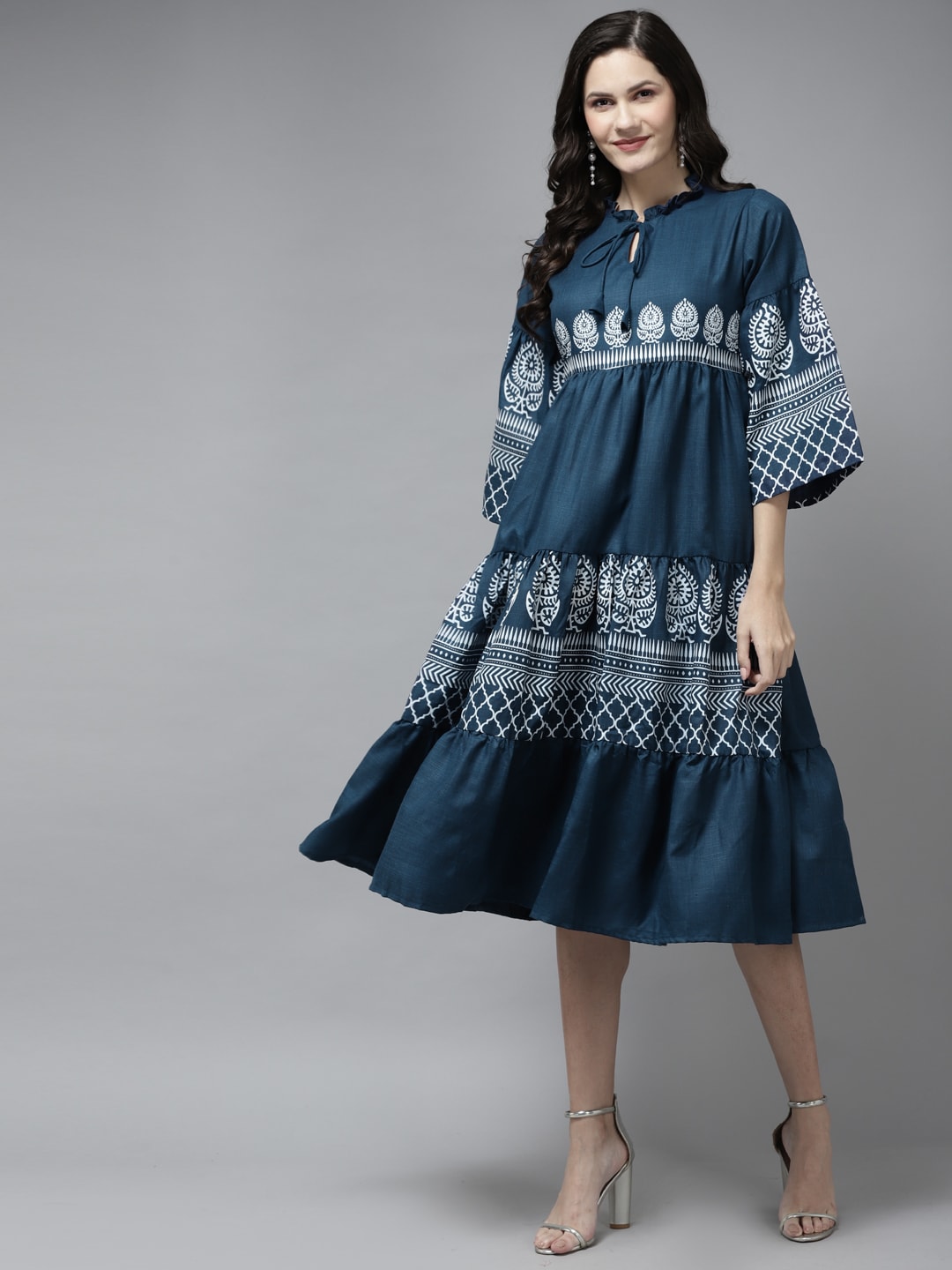 Bhama Couture Teal Blue & White Ethnic Motifs Tie-Up Neck Ethnic Midi Dress Price in India