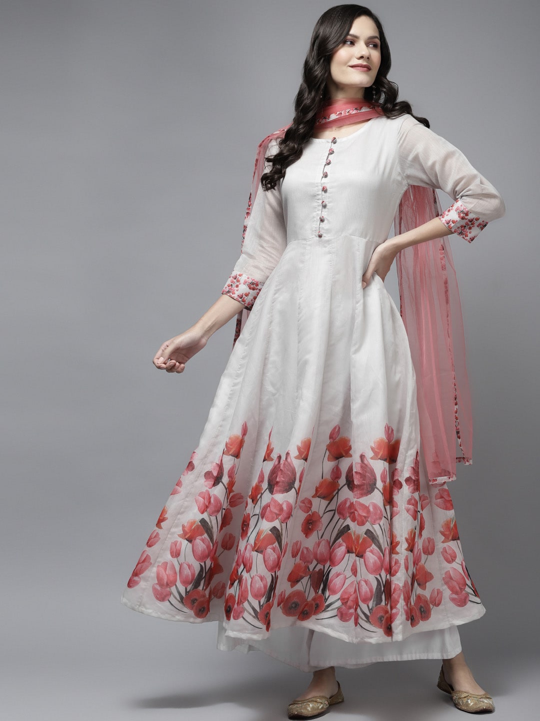 Bhama Couture Women Off White  Floral Chanderi Silk Anarkali Kurta & Dupatta Price in India