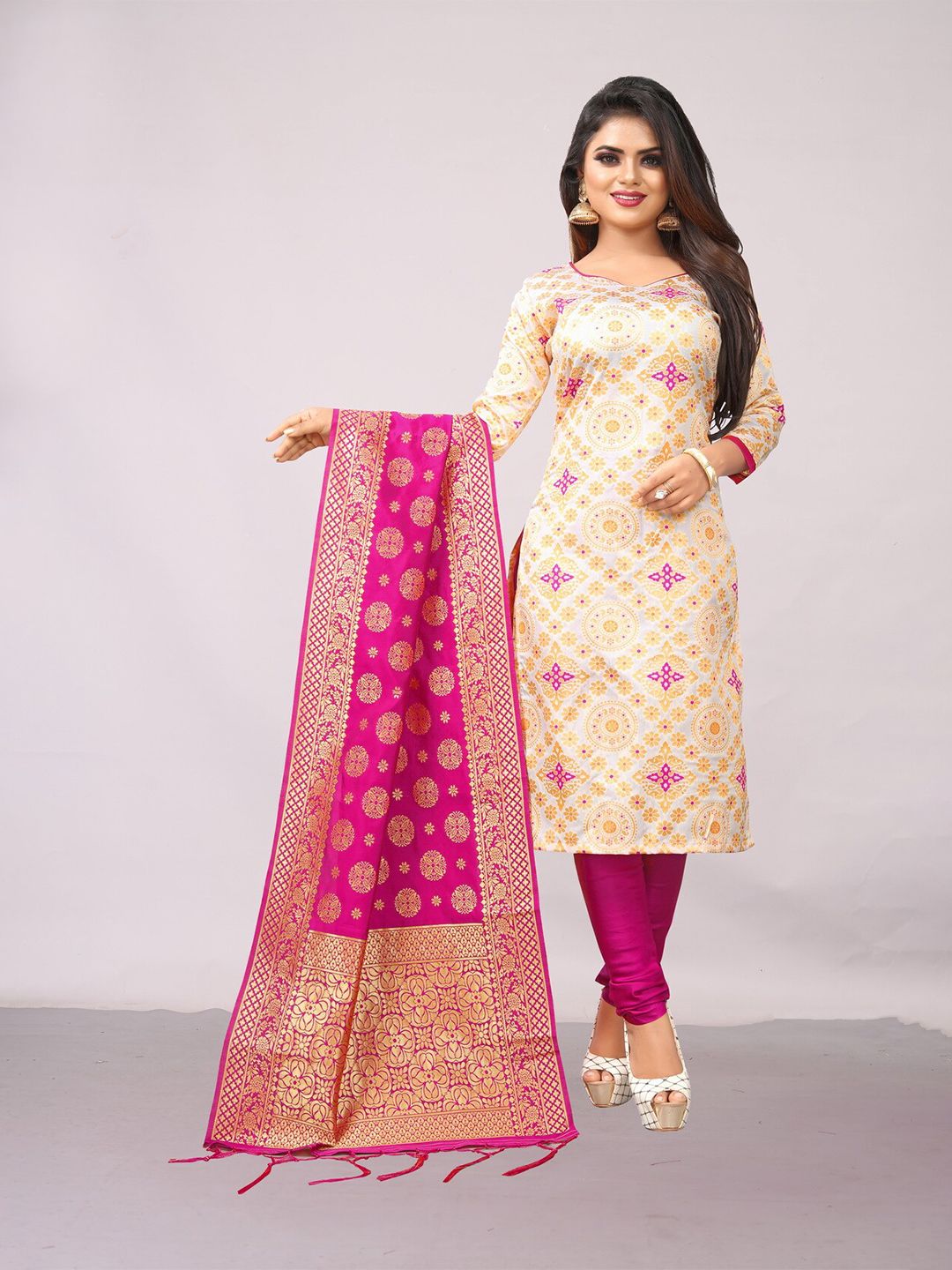 Ekta Textiles White & Pink Unstitched Banarasi Dress Material Price in India