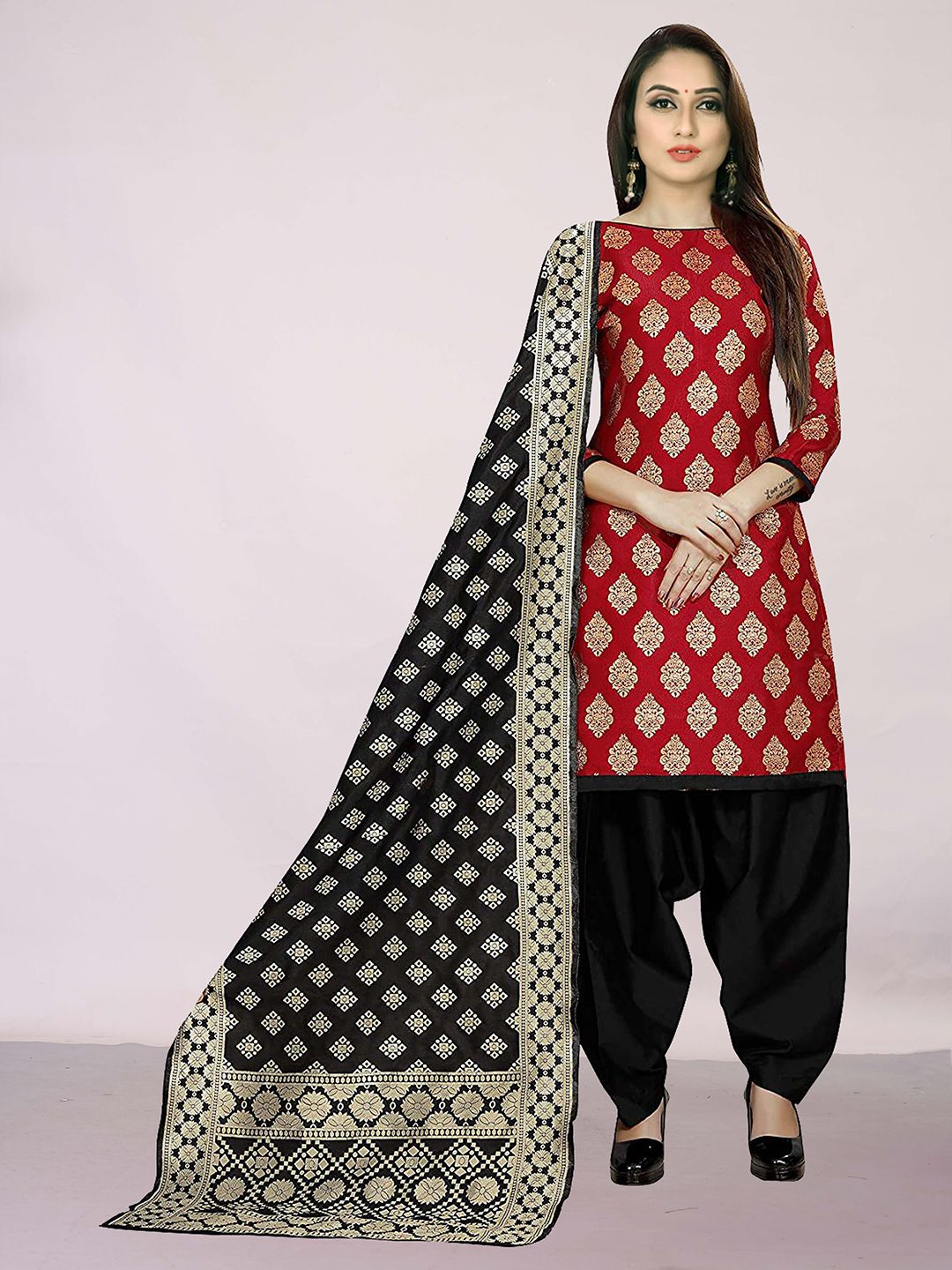 Ekta Textiles Red & Black Unstitched Dress Material Price in India