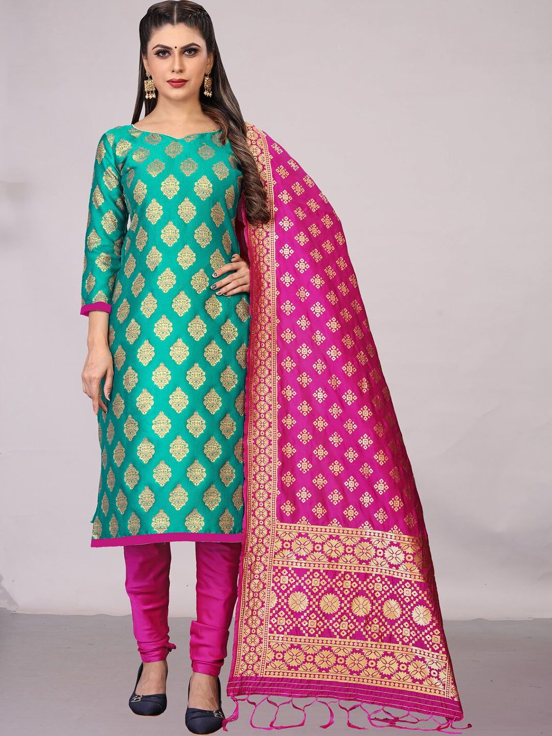 Ekta Textiles Turquoise Blue & Magenta Banarasi Unstitched Dress Material Price in India