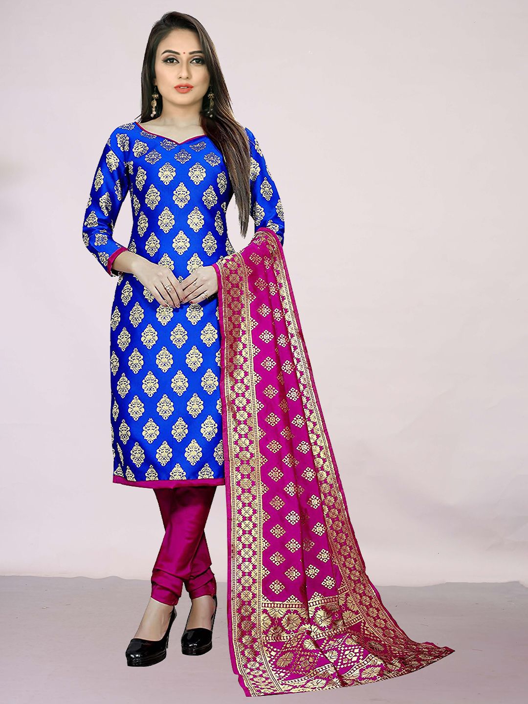 Ekta Textiles Blue & Pink Unstitched Banarasi Dress Material Price in India