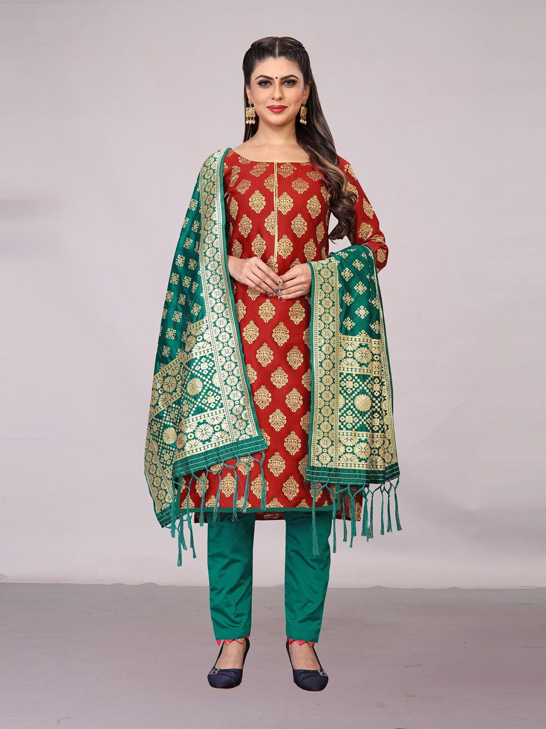 Ekta Textiles Maroon & Green Unstitched Dress Material Price in India