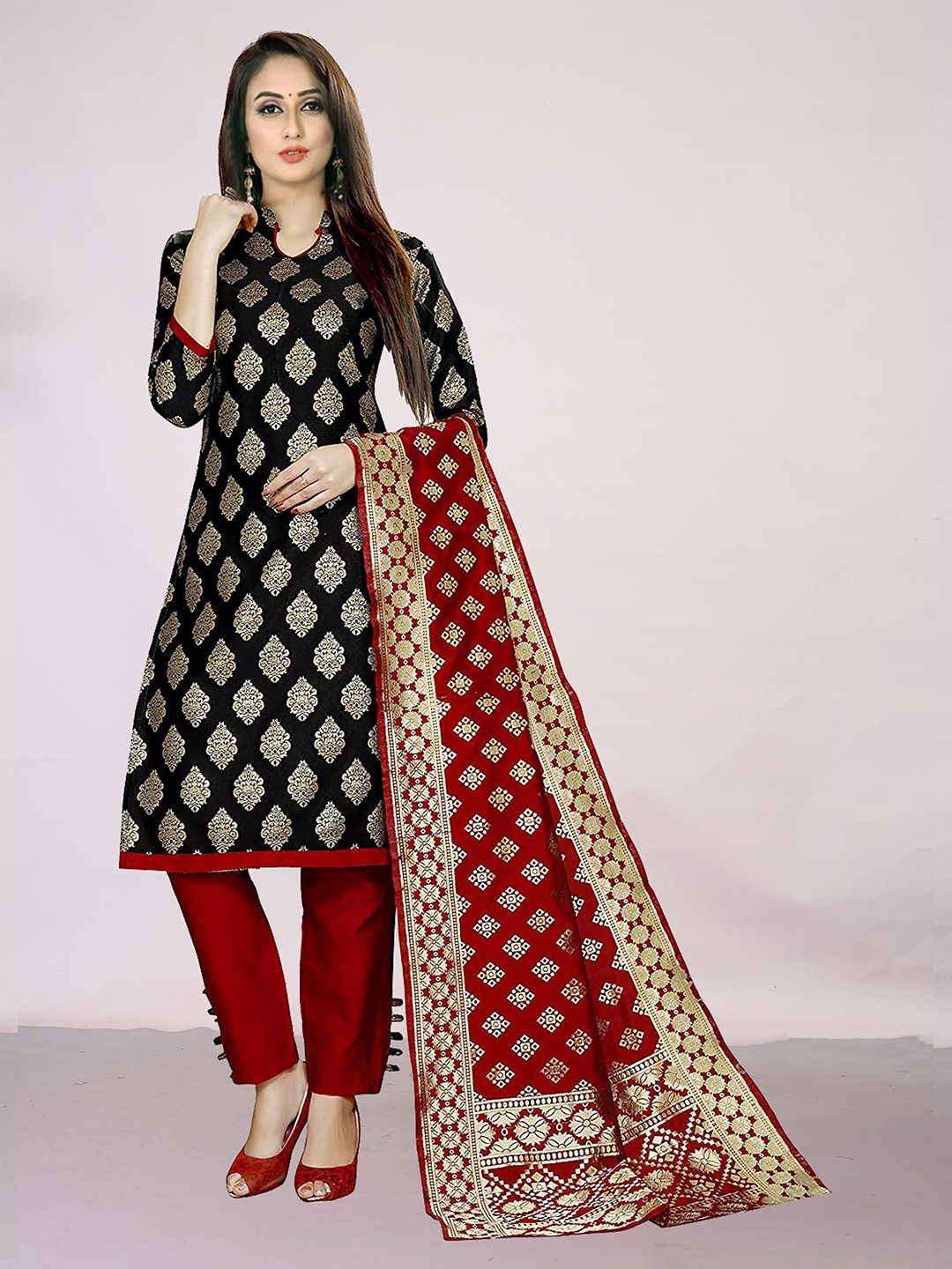 Ekta Textiles Black & Red Unstitched Dress Material Price in India