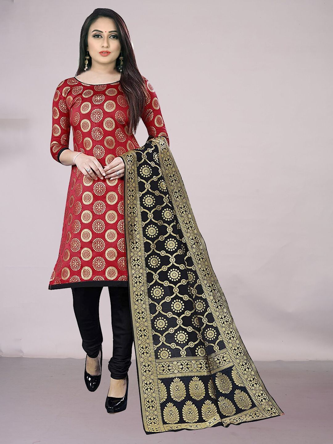 Ekta Textiles Red & Black Unstitched Banarasi Dress Material Price in India