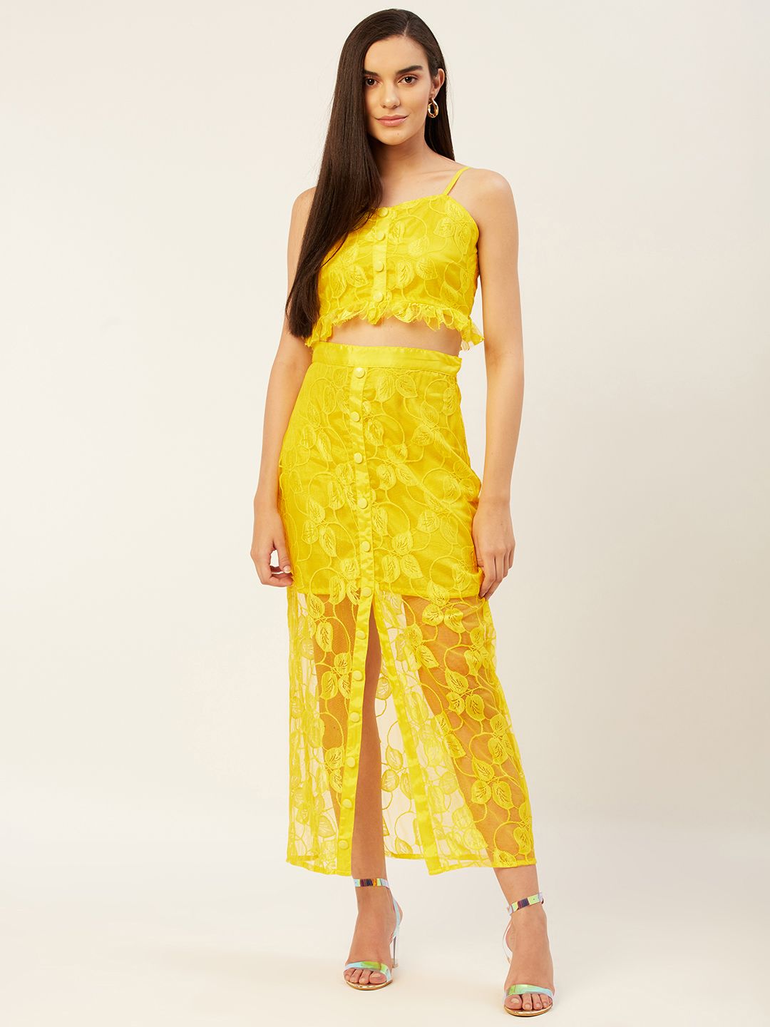 KHUMAAR Shuchi Bhutani Women Yellow Self Design Top with Skirt Set
