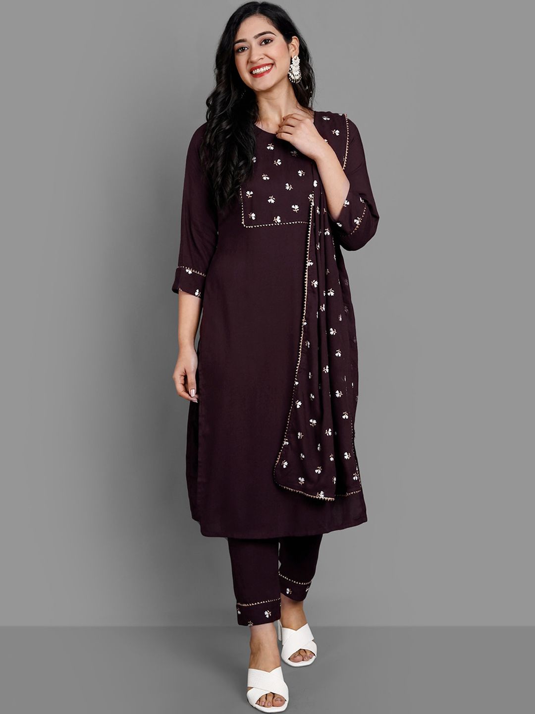 Ziva Fashion Women Brown Yoke Design Panelled Kurti with Trousers & With Dupatta Price in India