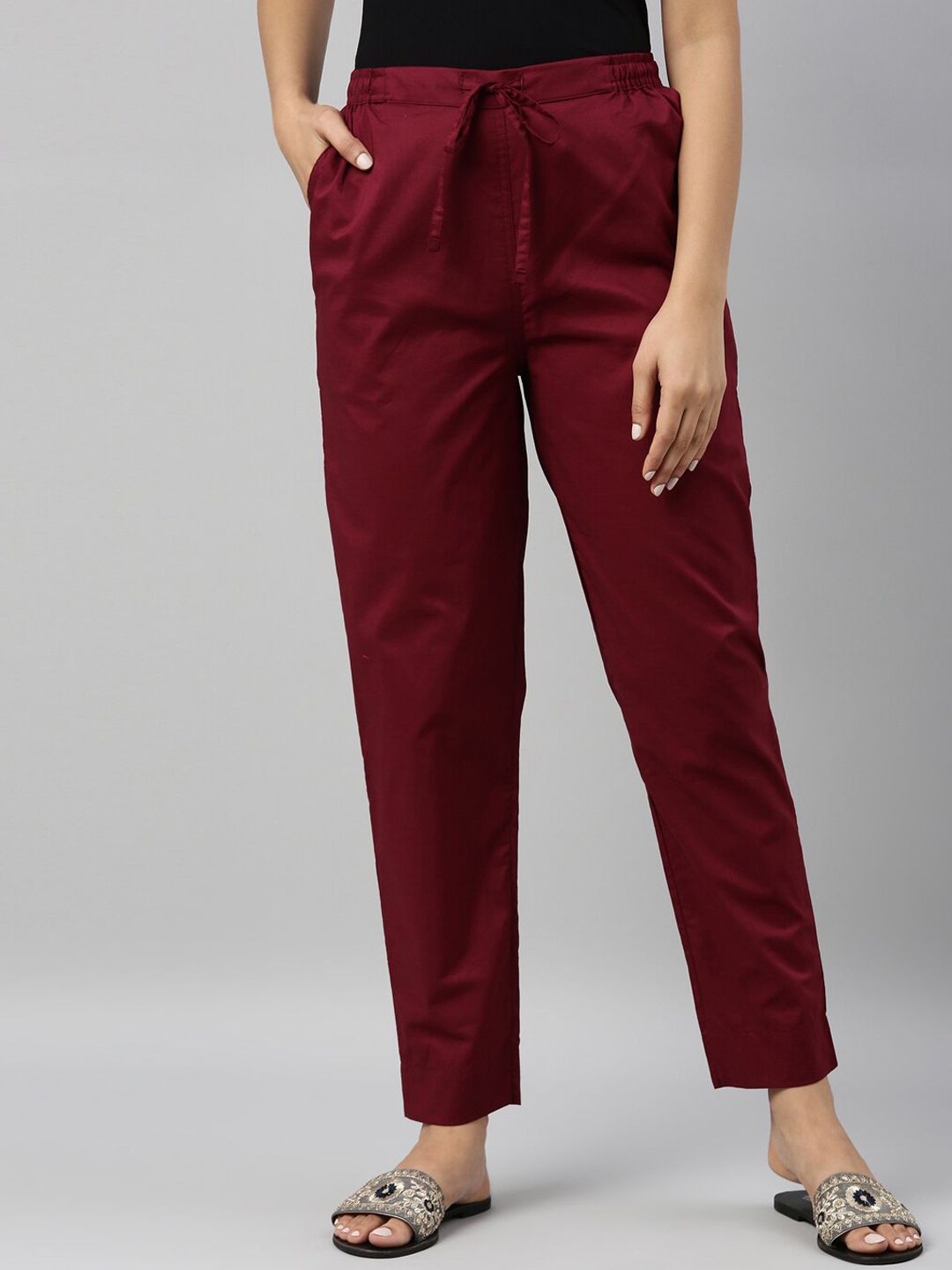 Go Colors Women Maroon Tapered Fit Chinos Trousers Price in India