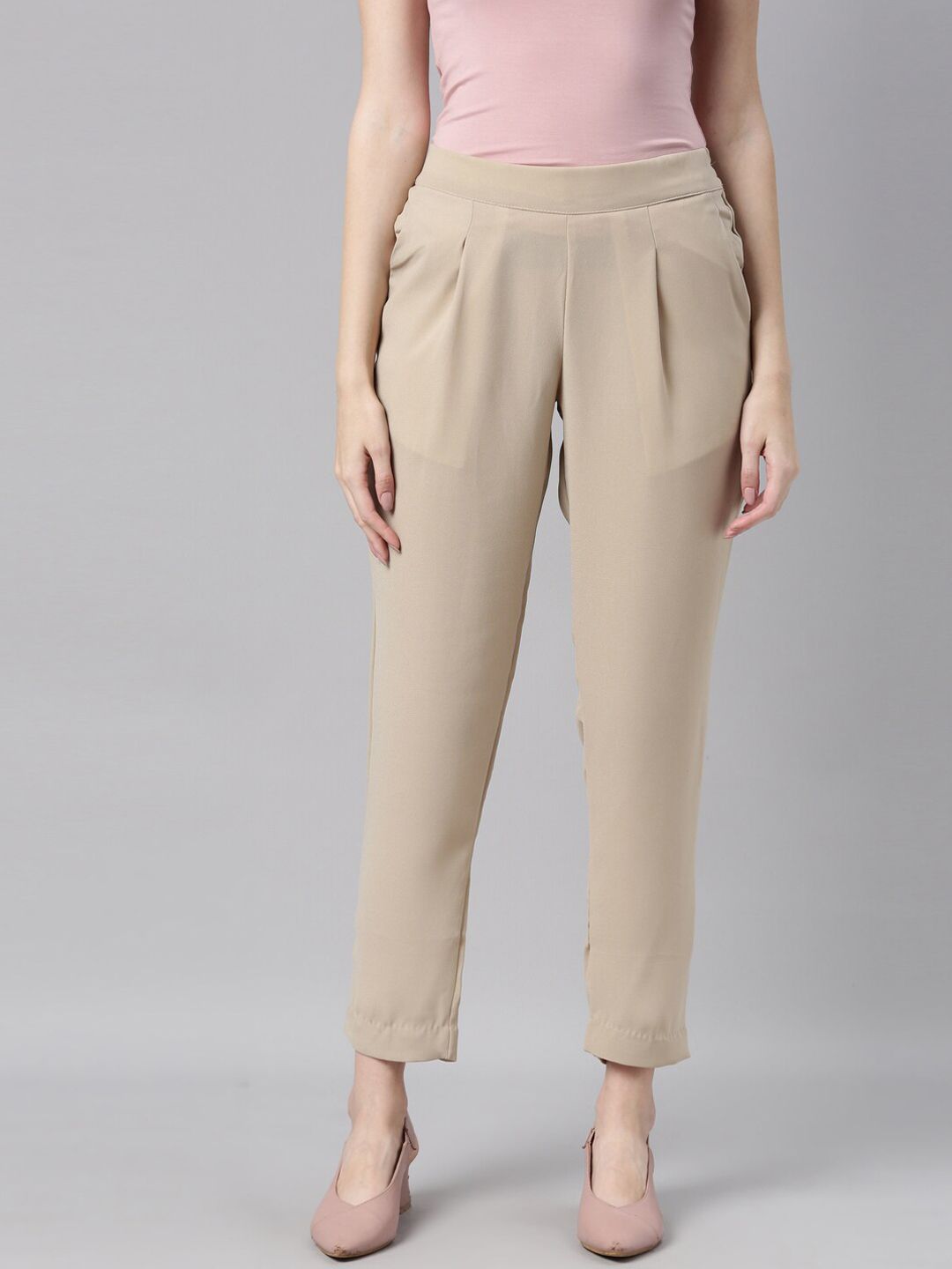 Go Colors Women Beige Tapered Fit Chinos Trousers Price in India