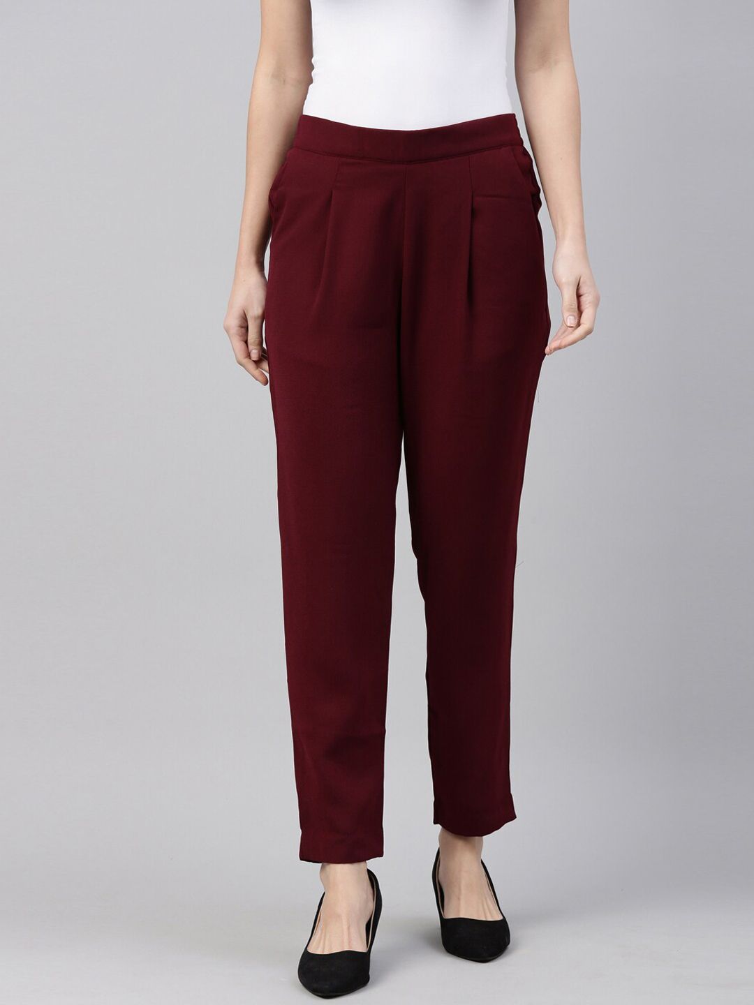 Go Colors Women Maroon Tapered Fit Chinos Trousers Price in India