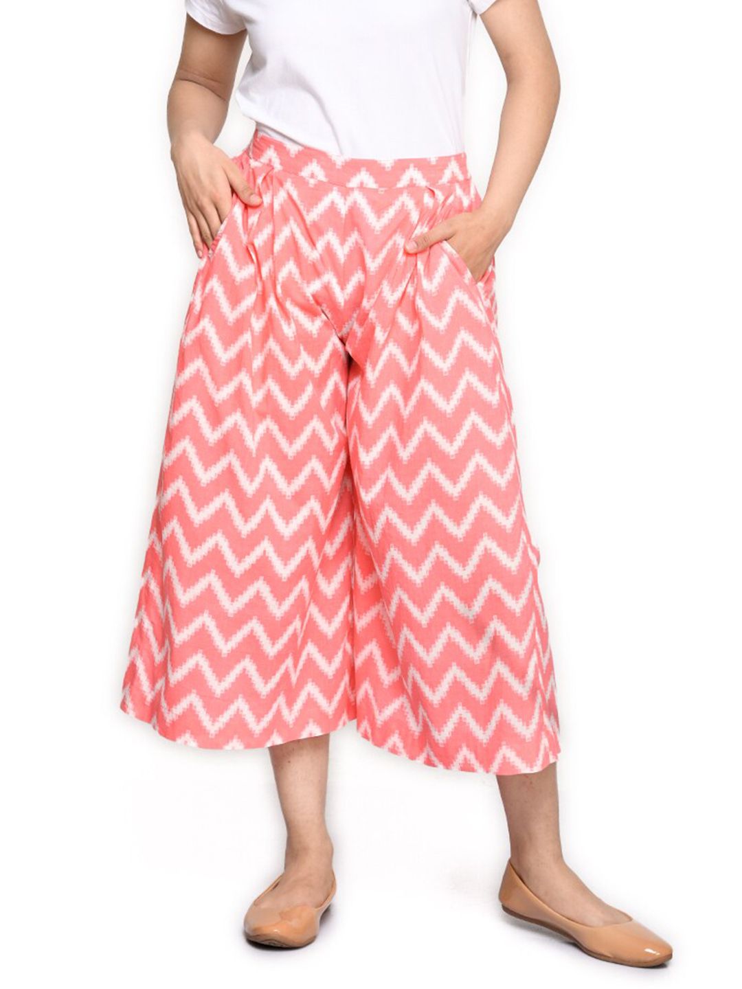SAKA DESIGNS Girls Peach-Coloured & White Printed Pure Cotton Palazzos