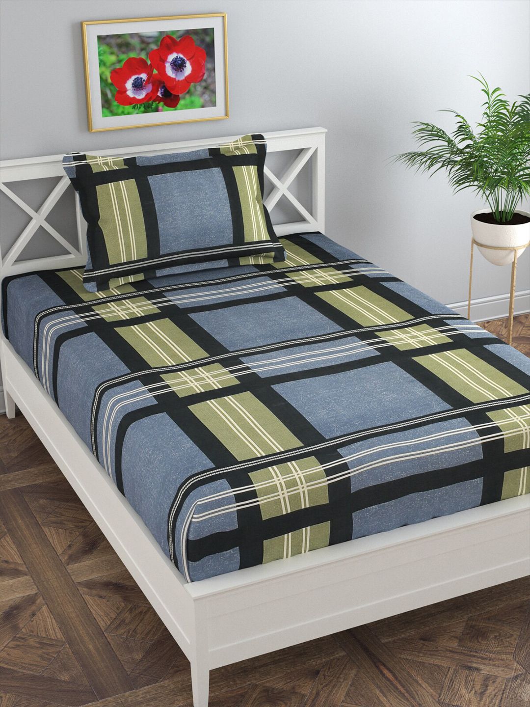 Florida Grey & Black Geometric 120 TC Single Bedsheet with 1 Pillow Covers Price in India