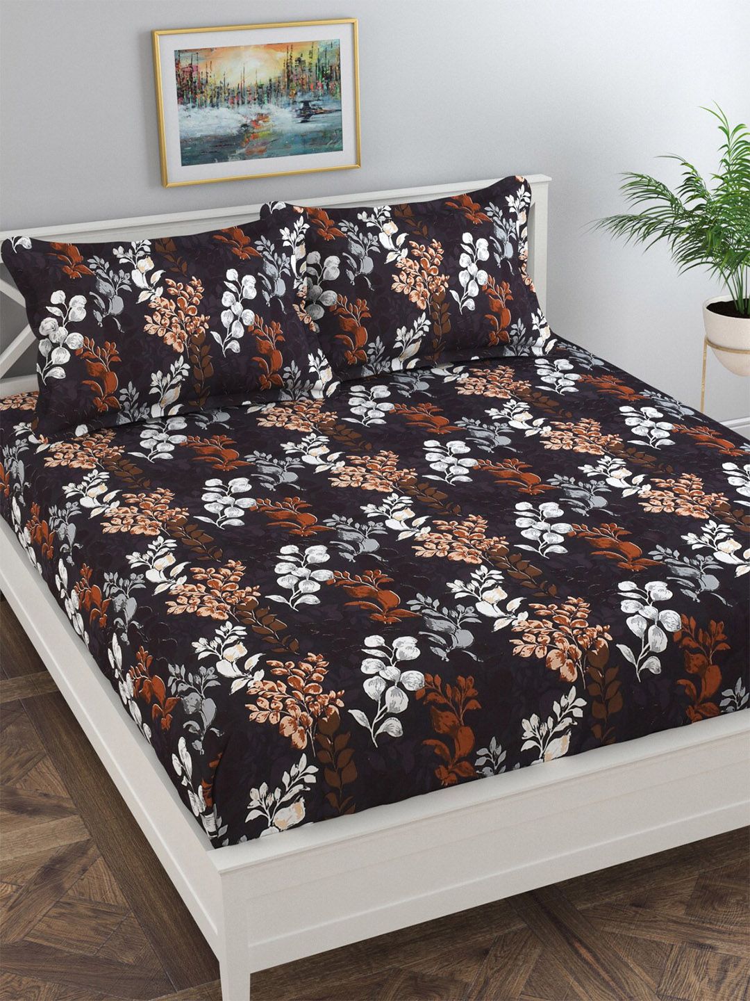 Florida Brown & White Floral 120 TC King Bedsheet with 2 Pillow Covers Price in India