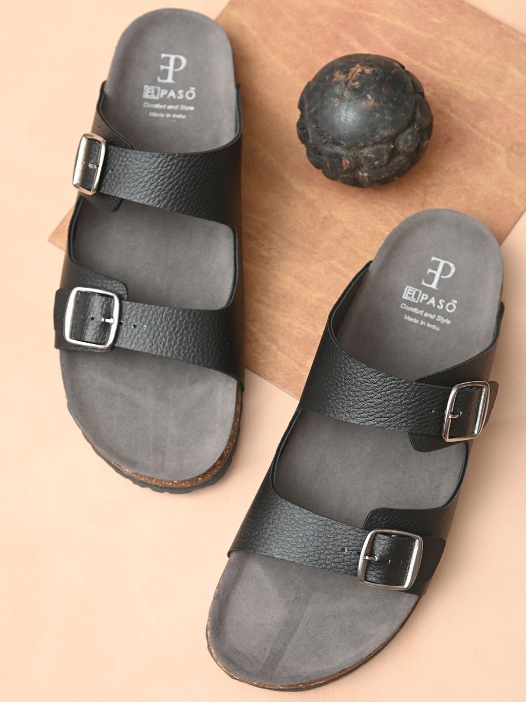 El Paso Men Black & Brown Comfort Sandals