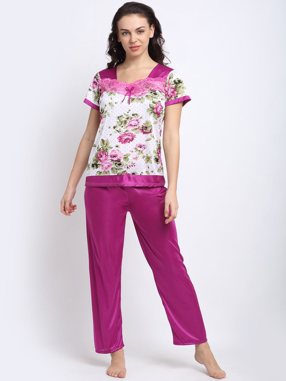 NEUDIS Women Purple & White Floral Printed Satin Night suit Price in India