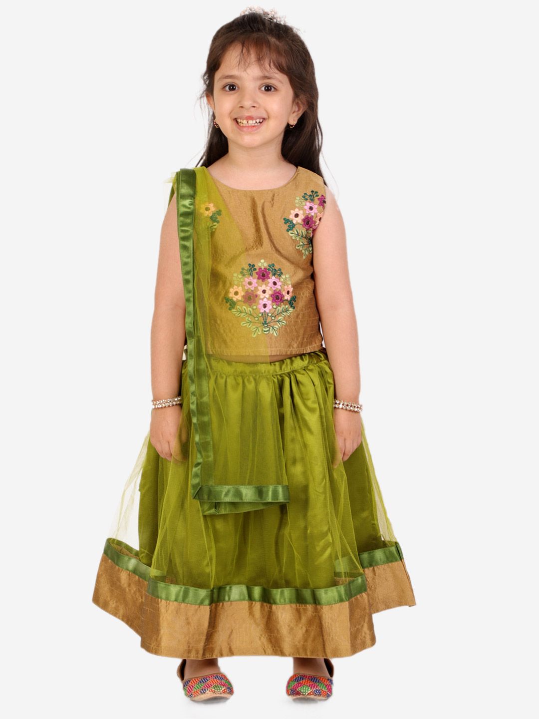 Superminis Girls Lime Green & Beige Embroidered Ready to Wear Lehenga & Blouse With Dupatta