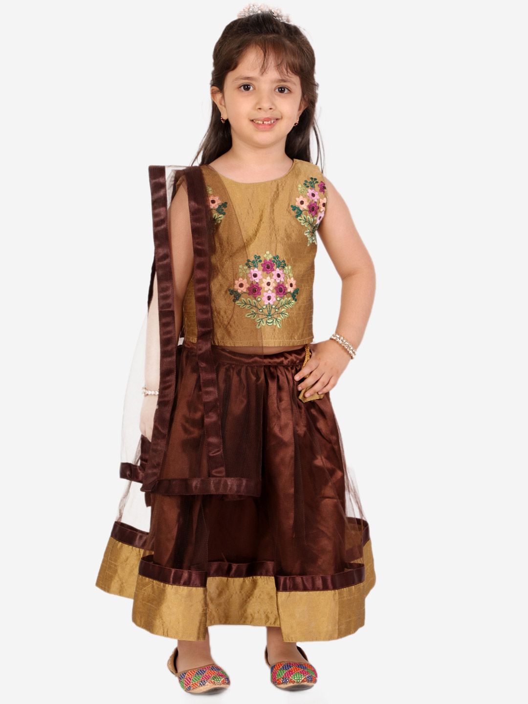 Superminis Girls Brown & Embroidered Ready to Wear Lehenga & Blouse With Dupatta