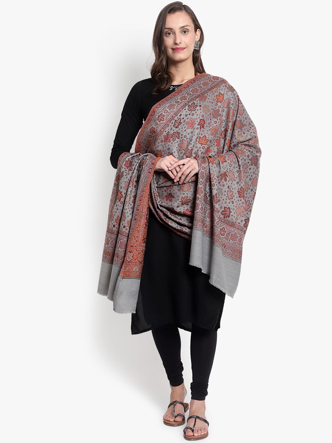 Mizash Women Grey & Orange Woven-Design Woolen Shawl Price in India