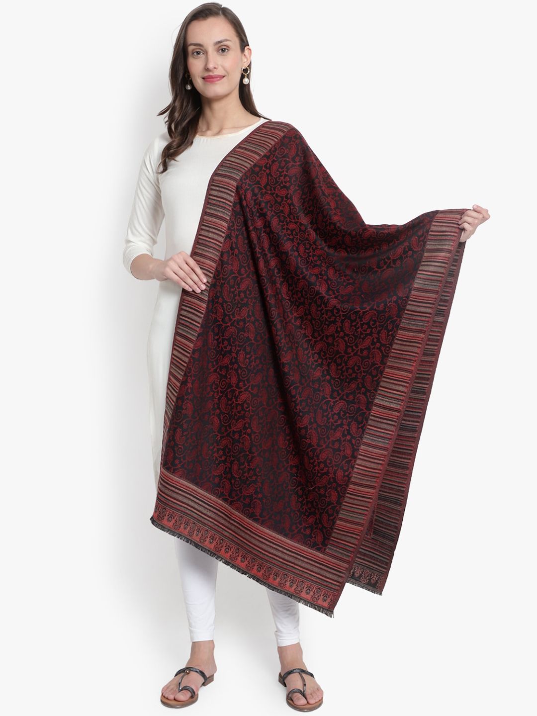 Mizash Women Black & Maroon Woven-Design Woolen Shawl Price in India