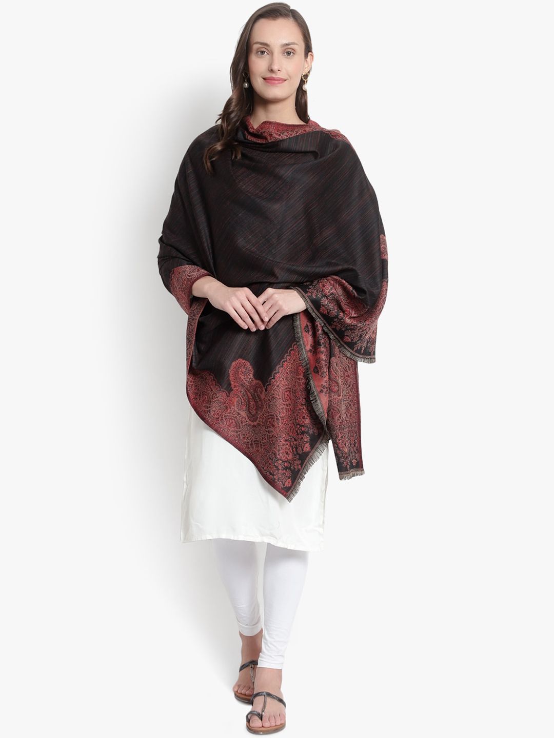 Mizash Women Black & Maroon Woven-Design Woolen Shawl Price in India