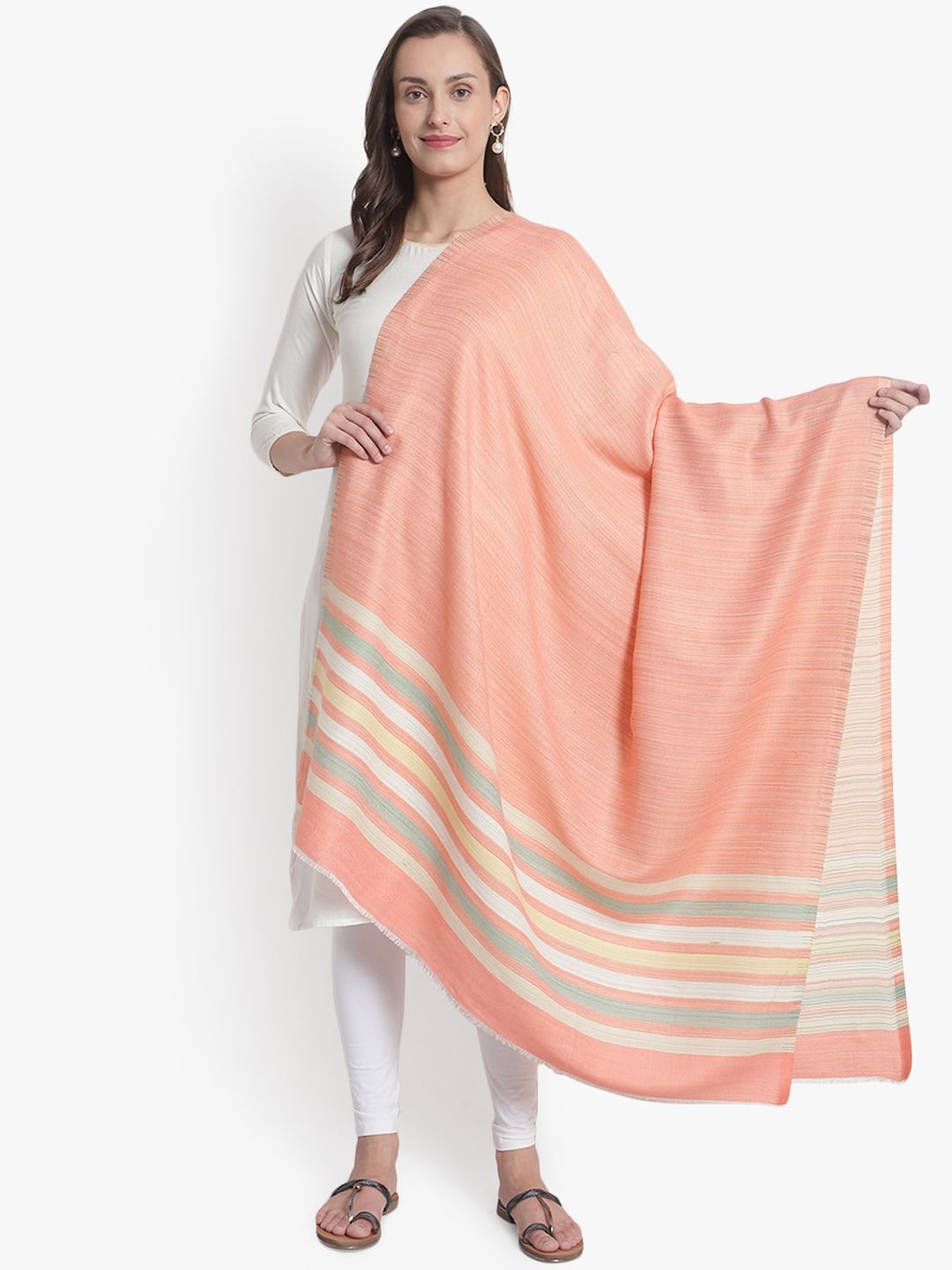 Mizash Women Peach-Coloured & White Woven-Design Woolen Shawl Price in India