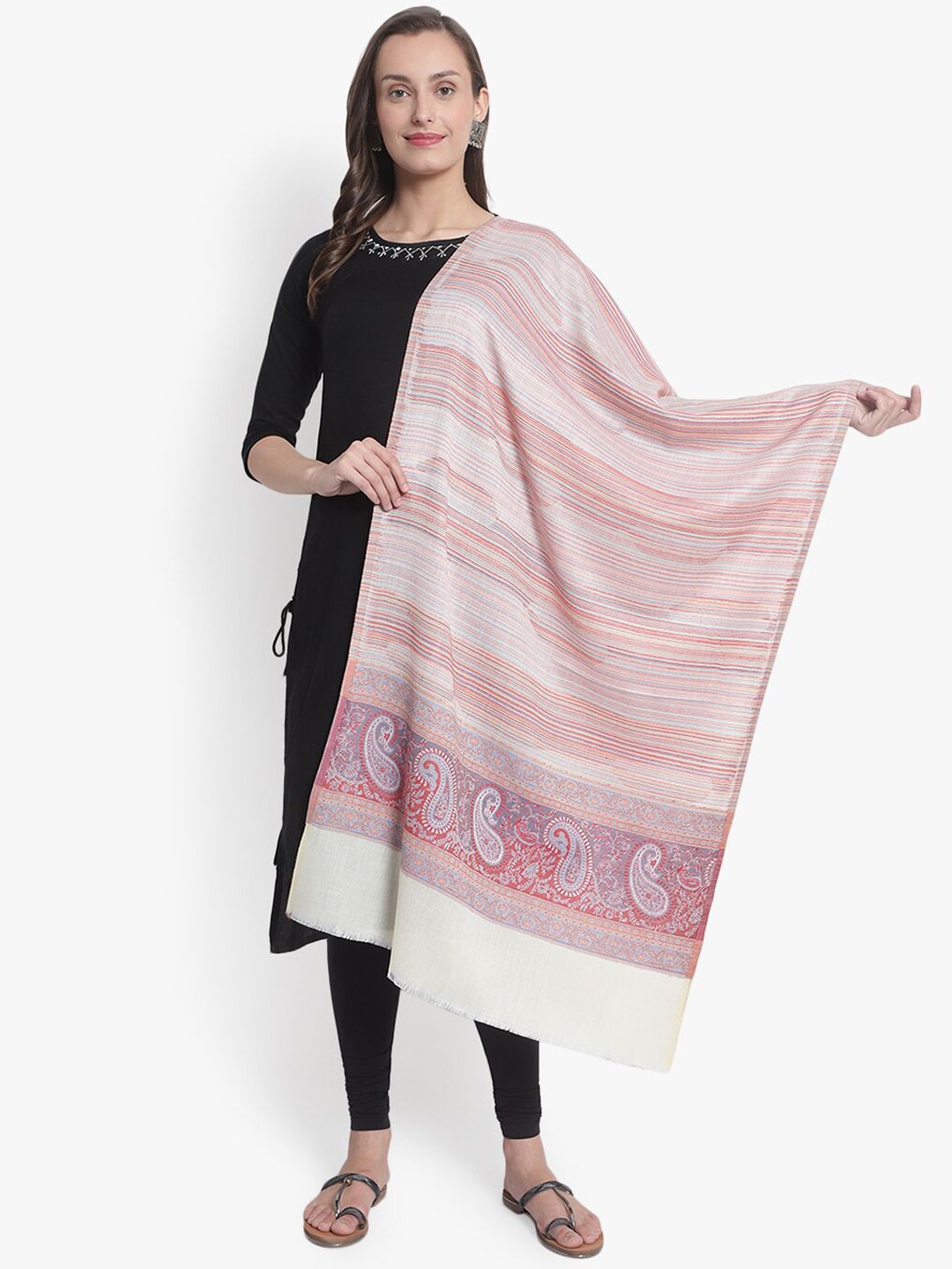 Mizash Women Cream & Pink Woven Designed Pure Wool Shawl Price in India