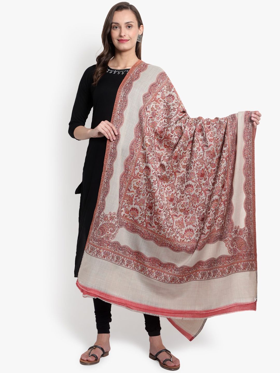 Mizash Women Beige & Orange Woven-Design Woolen Shawl Price in India