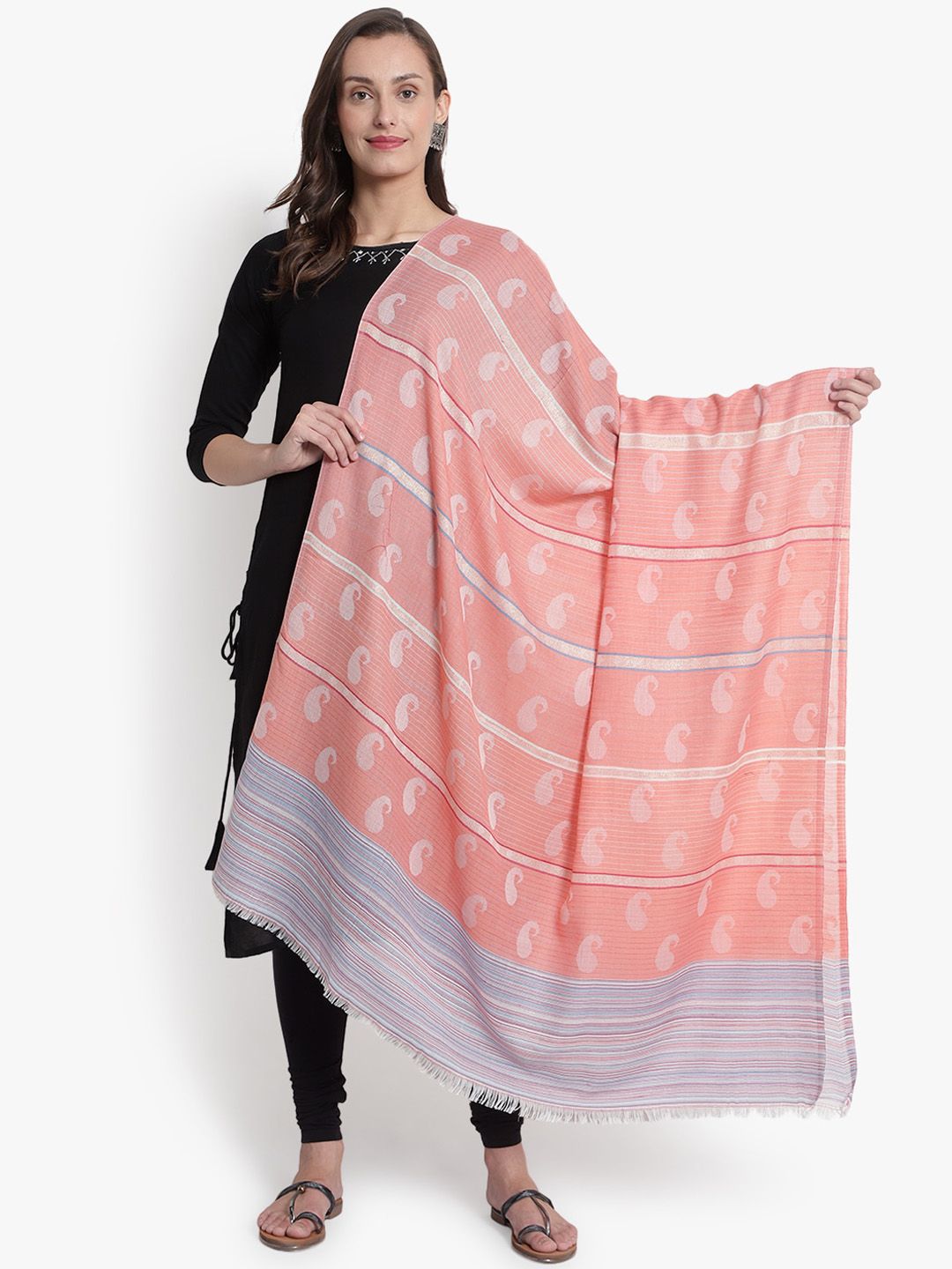 Mizash Women Peach & Purple Woven-Design Woolen Shawl Price in India