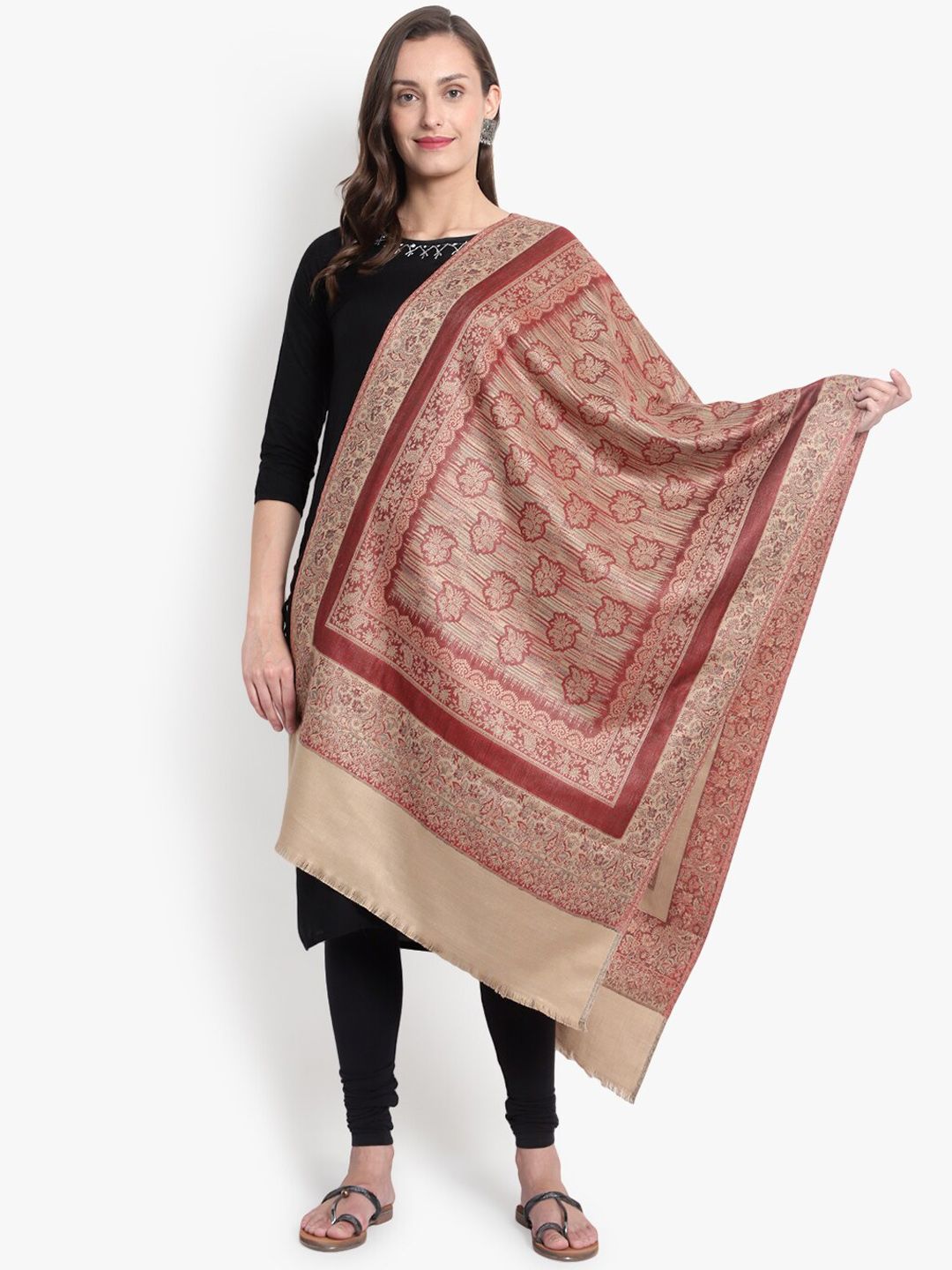 Mizash Women Beige & Orange Woven-Design Woolen Shawl Price in India