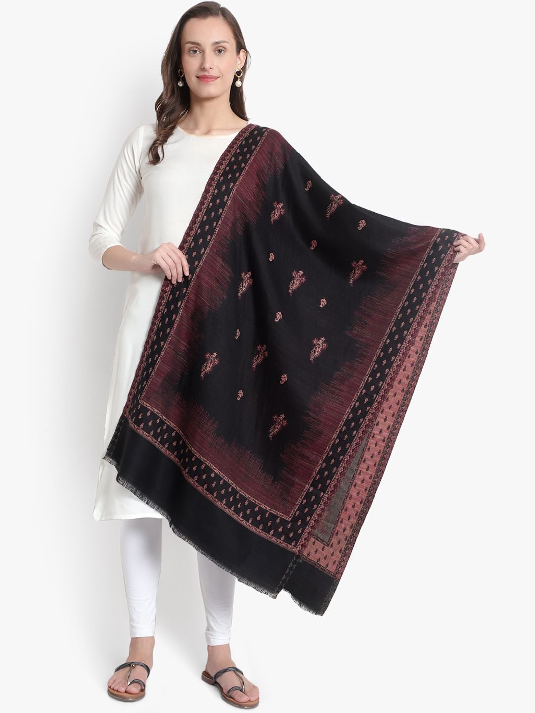 Mizash Women Black Woven Design Pure Wool Shawl Price in India