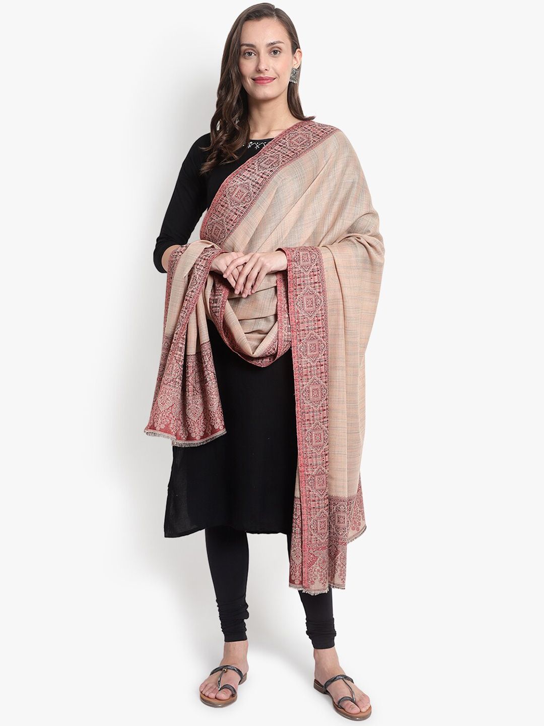 Mizash Women Beige Woven Design Wool Shawl Price in India