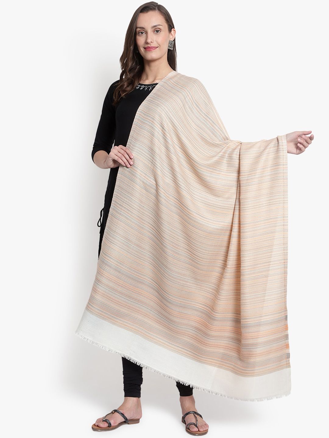 Mizash Women Cream & White Striped Woven Designed Pure Wool Shawl Price in India