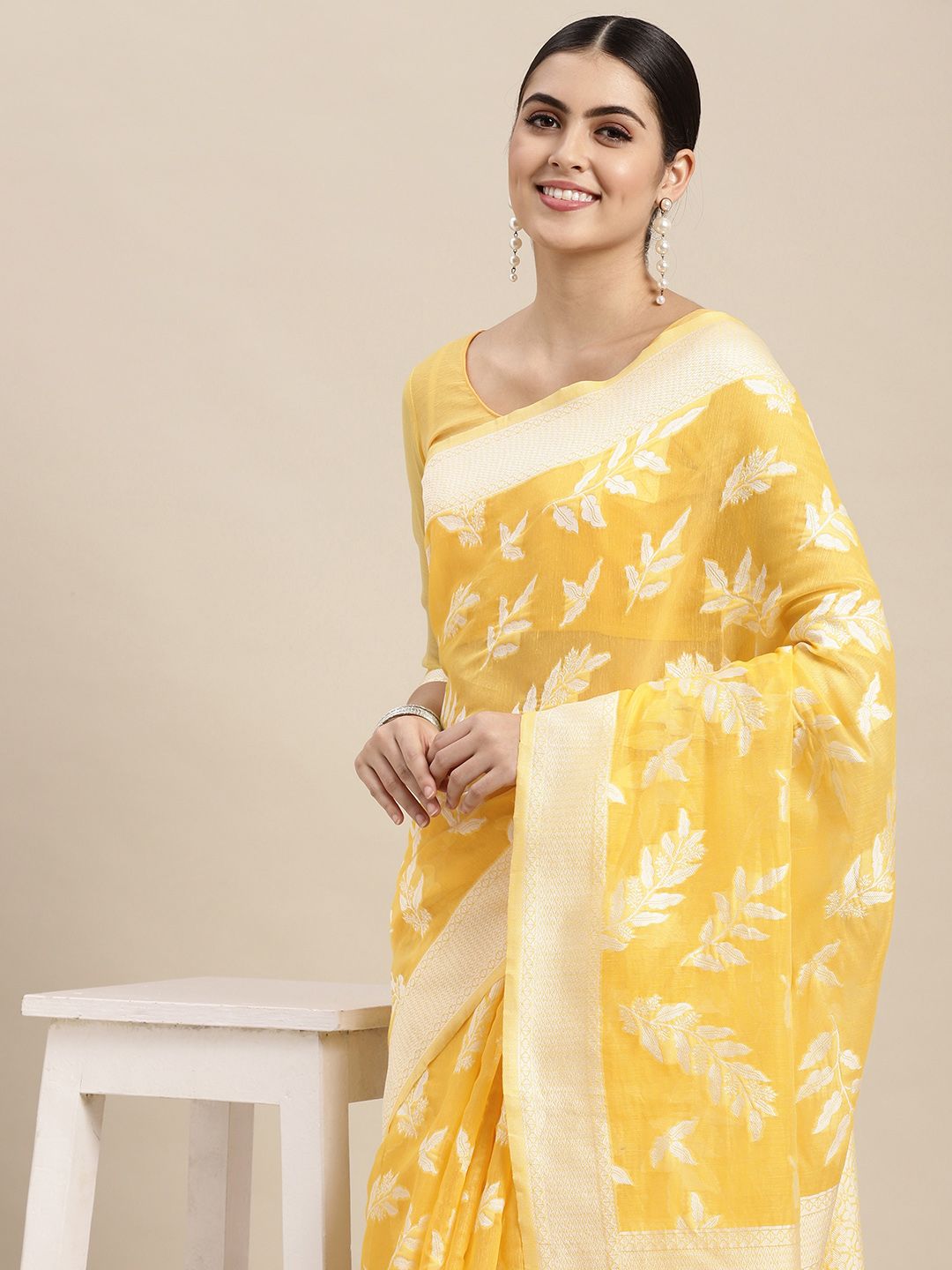 VAIRAGEE Yellow & White Ethnic Motifs Pure Cotton Saree Price in India