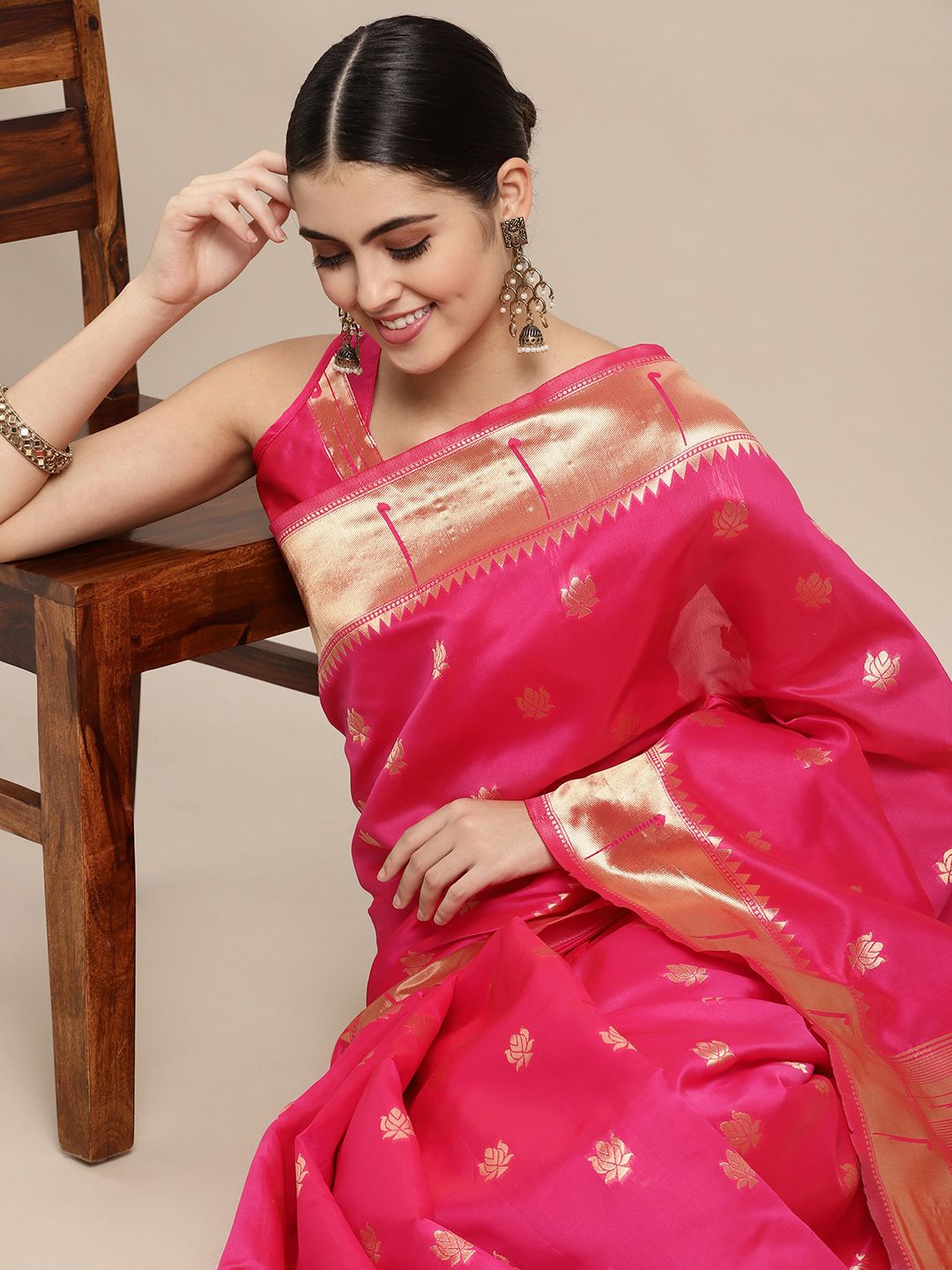 VAIRAGEE Pink & Golden Ethnic Motifs Zari Pure Silk Saree Price in India
