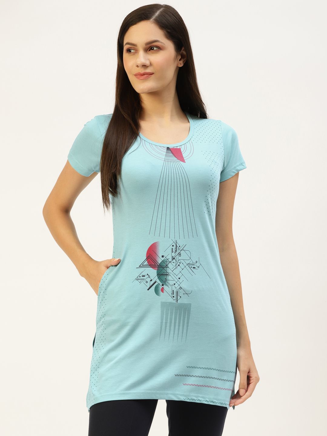 BROOWL Women Turquoise Blue Printed Longline Cotton Lounge T-Shirt Price in India