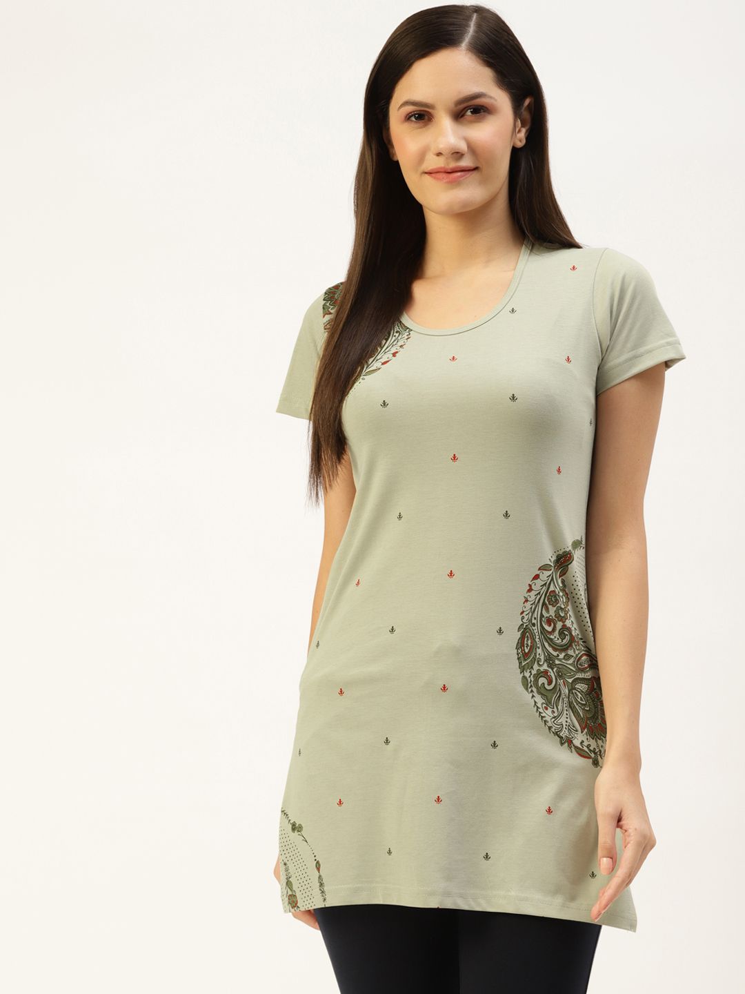 BROOWL Women Green Printed Longline Cotton Lounge T-Shirt Price in India