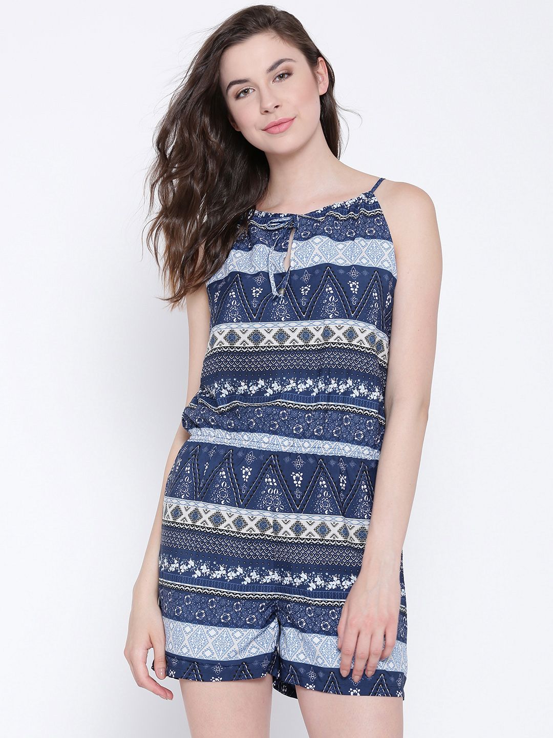 Sera Blue & Off-White Printed Playsuit Price in India
