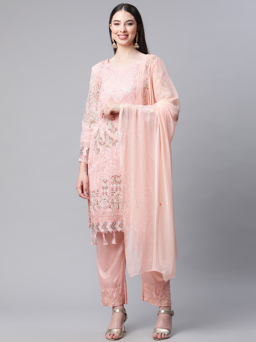 Readiprint Fashions Peach-Coloured Embroidered Semi-stitched Dress Material Price in India