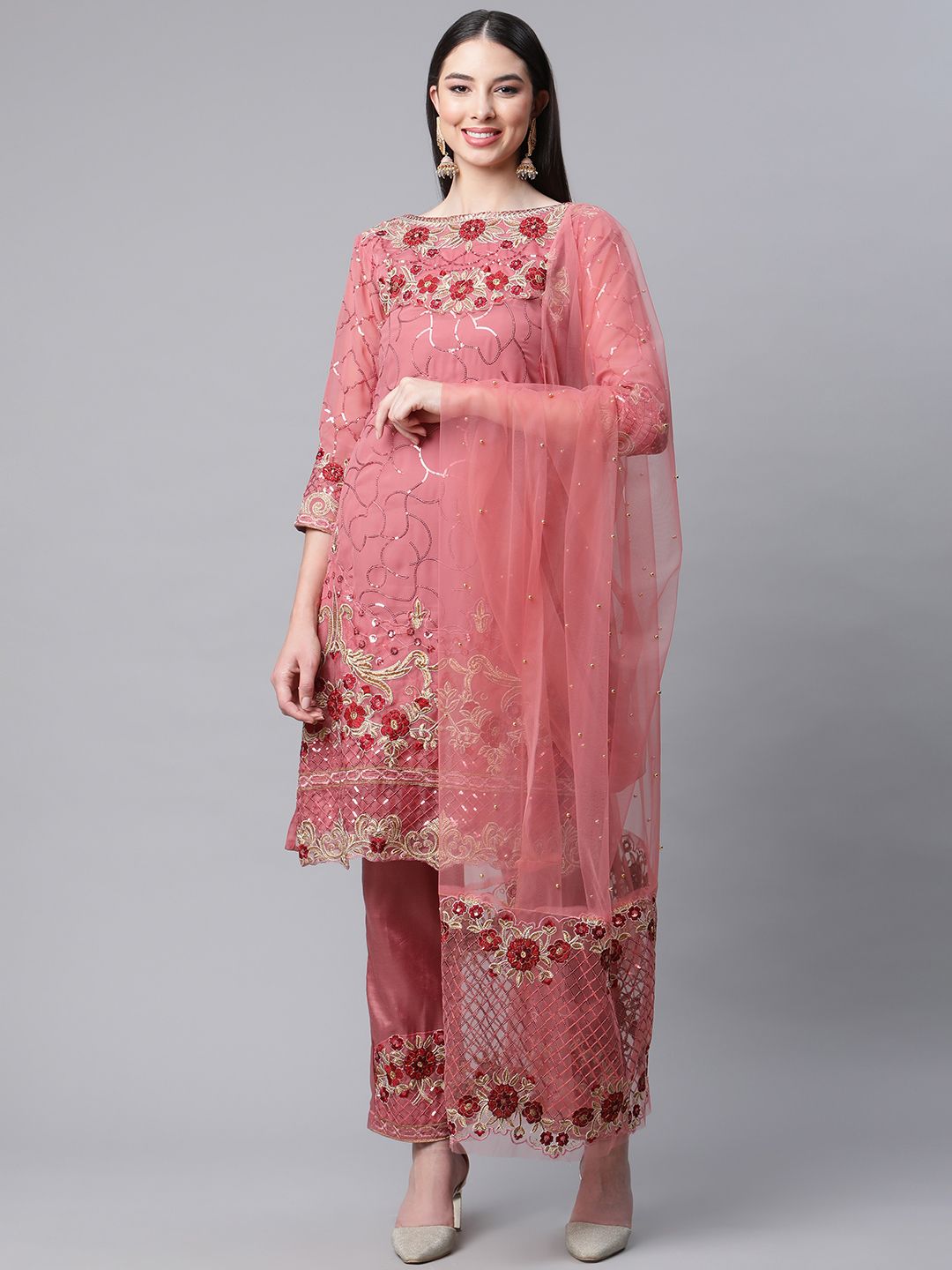 Readiprint Fashions Peach-Coloured Embroidered Semi-stitched Dress Material Price in India