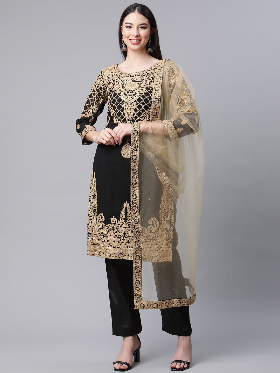 Readiprint Fashions Black & Gold-Toned Embroidered Semi-Stitched Dress Material Price in India