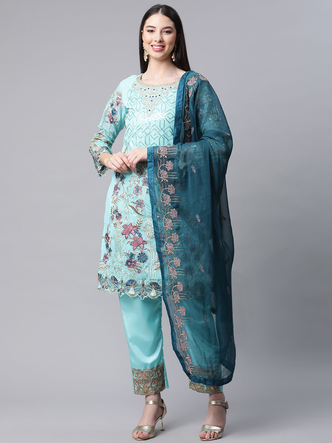 Readiprint Fashions Blue & Turquoise Blue Embroidered Semi-stitched Dress Material Price in India