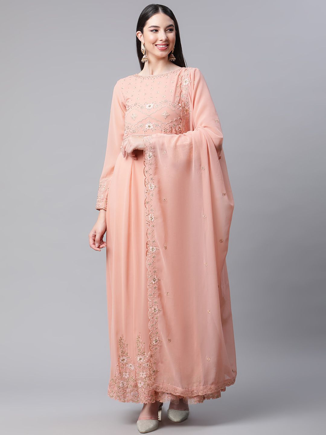 Readiprint Fashions Peach-Coloured Embroidered Semi-stitched Dress Material Price in India